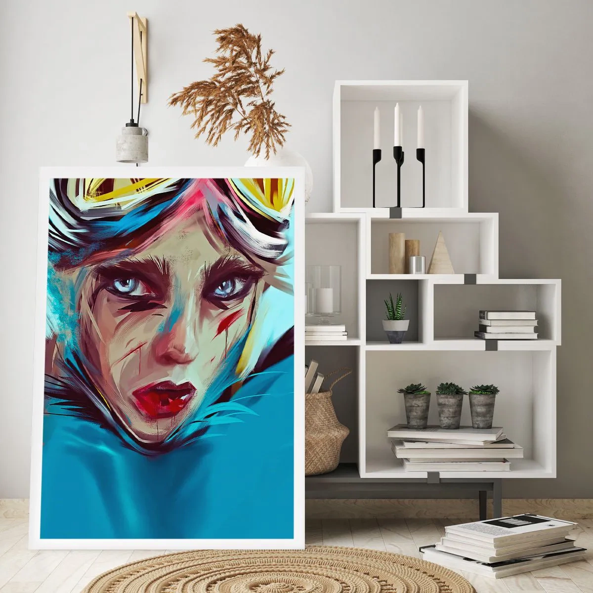 Póster - Retrato de una mujer con mirada intensa y fondo azul. - 50x70cm - Guerrera colorida - Decoración de pared moderna para salón y dormitorio ARTTOR