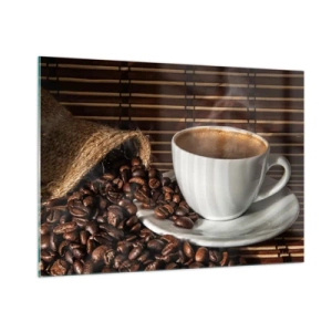 Cuadro sobre vidrio - Impresiones sobre Vidrio - Una taza de café con granos sobre un fondo rústico. - 100x70cm - La negrura del carbón, la transparencia del ámbar - Decoración de pared moderna para salón y dormitorio ARTTOR