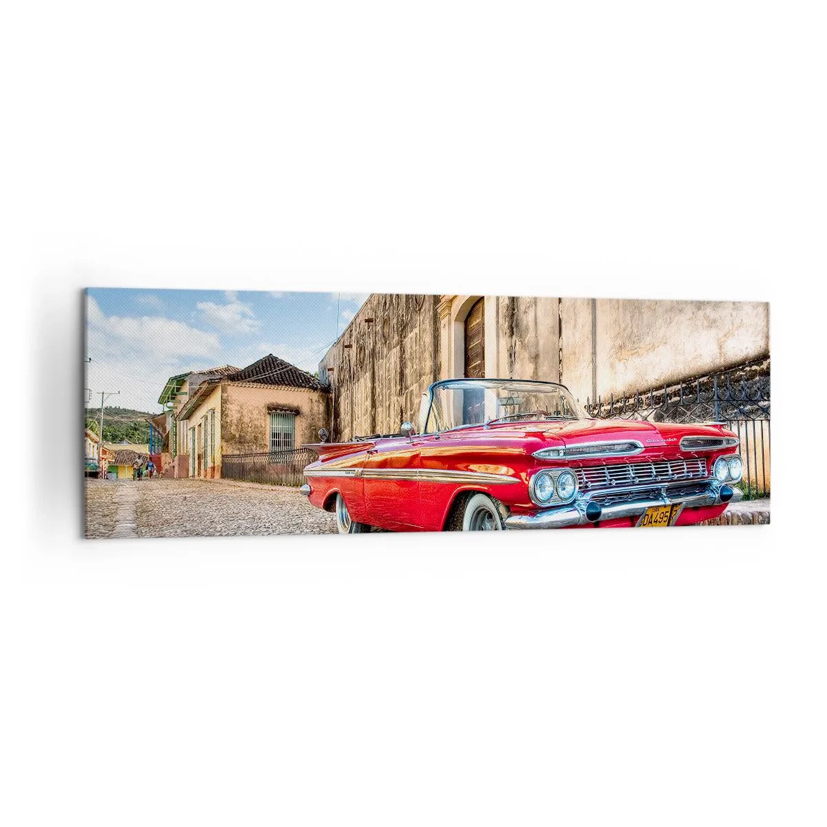 Cuadro sobre lienzo - Impresión de Imagen - Coche clásico rojo en una calle adoquinada - 160x50cm - Emociones cubanas - Decoración de pared moderna para salón y dormitorio ARTTOR