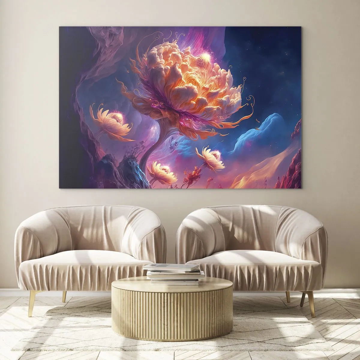Cuadro sobre vidrio - Impresiones sobre Vidrio - Una flor fantástica flotando en un entorno cósmico. - 120x80cm - Otro mundo - Decoración de pared moderna para salón y dormitorio ARTTOR