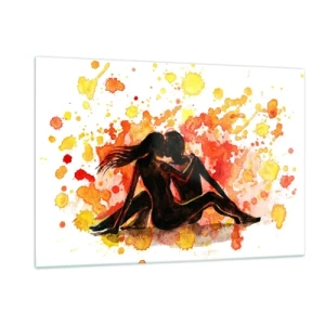 Cuadro sobre vidrio - Impresiones sobre Vidrio - Silueta de una pareja sobre un fondo de manchas de acuarela de colores. - 120x80cm - Momento romántico - Decoración de pared moderna para salón y dormitorio ARTTOR