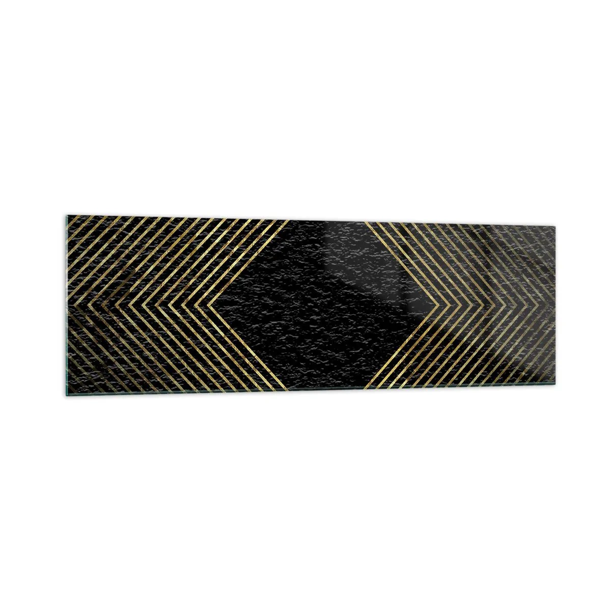 Cuadro sobre vidrio - Impresiones sobre Vidrio - Fondo negro con un patrón geométrico de líneas doradas. - 160x50cm - Geometría al estilo glamour - Decoración de pared moderna para salón y dormitorio ARTTOR