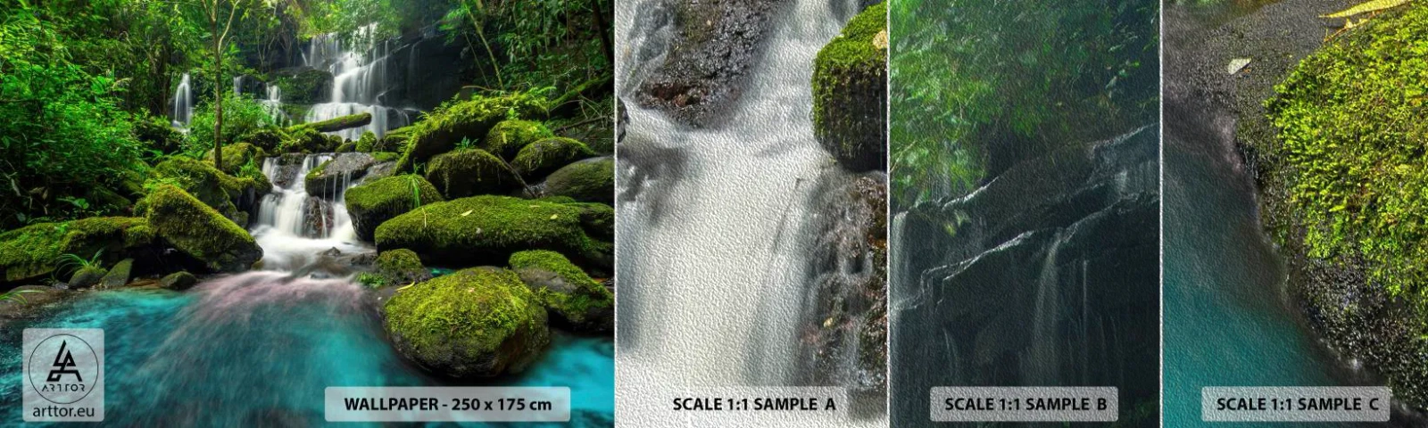 Muestra de fotomural Premium Sand - Turquesa, zafiro y plata líquida - Paisaje, Cascada, Arroyo de montaña - 100x30 cm