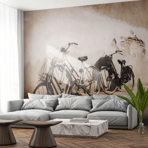 Fotomural Standard Eco - Dos bicicletas apoyadas contra una pared antigua y atmosférica. - 100x70cm - El inolvidable encanto del pasado - Decoración de pared moderna para salón y dormitorio ARTTOR