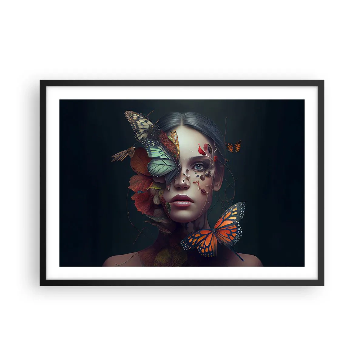 Póster en marco negro - Retrato de una mujer con mariposas y elementos vegetales. - 70x50cm - Una metamorfosis maravillosa - Decoración de pared moderna para salón y dormitorio ARTTOR