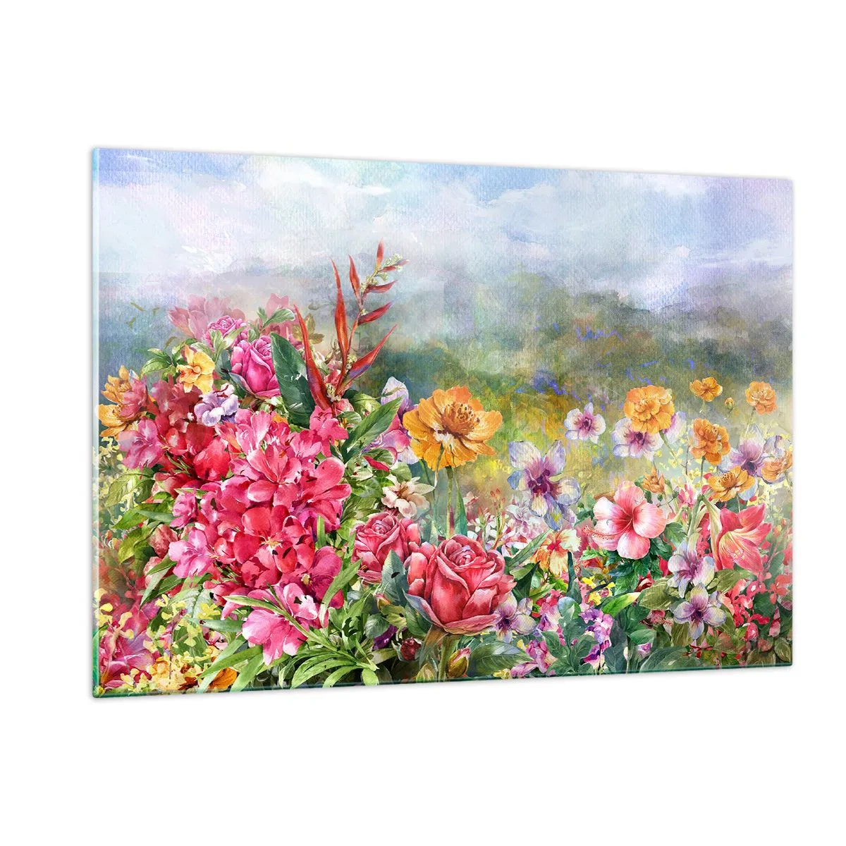 Cuadro sobre vidrio - Impresiones sobre Vidrio - Un ramo de flores de colores sobre un paisaje pintoresco. - 120x80cm - Un jardín enloquecido - Decoración de pared moderna para salón y dormitorio ARTTOR