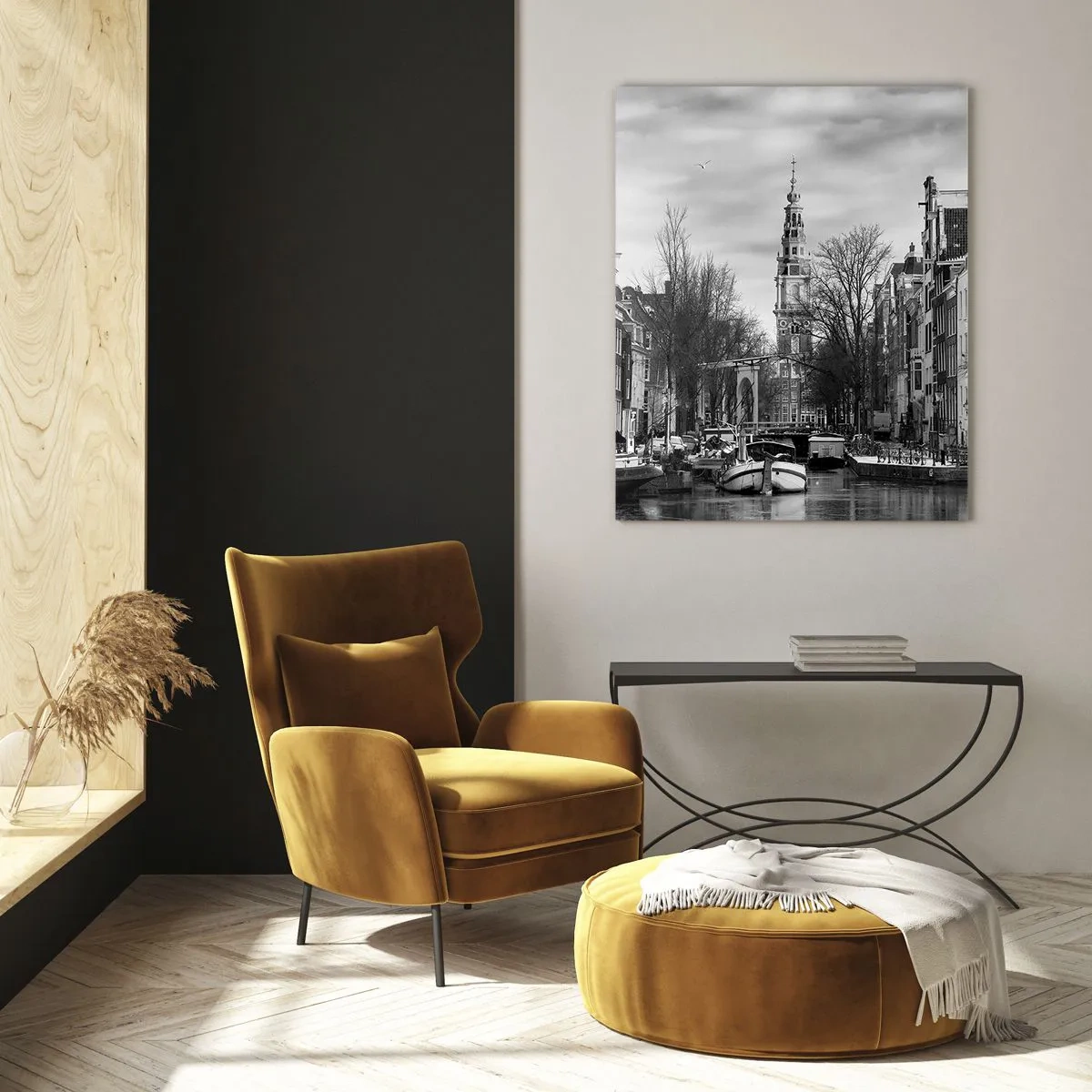 Cuadro sobre vidrio - Impresiones sobre Vidrio - Vista en blanco y negro de un canal en Ámsterdam - 50x70cm - Ambiente de Ámsterdam - Decoración de pared moderna para salón y dormitorio ARTTOR
