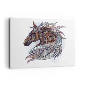 Cuadro sobre lienzo - Impresión de Imagen - Un caballo geométrico con una crin colorida y detallada. - 120x80cm - El corcel de un guerrero celta - Decoración de pared moderna para salón y dormitorio ARTTOR