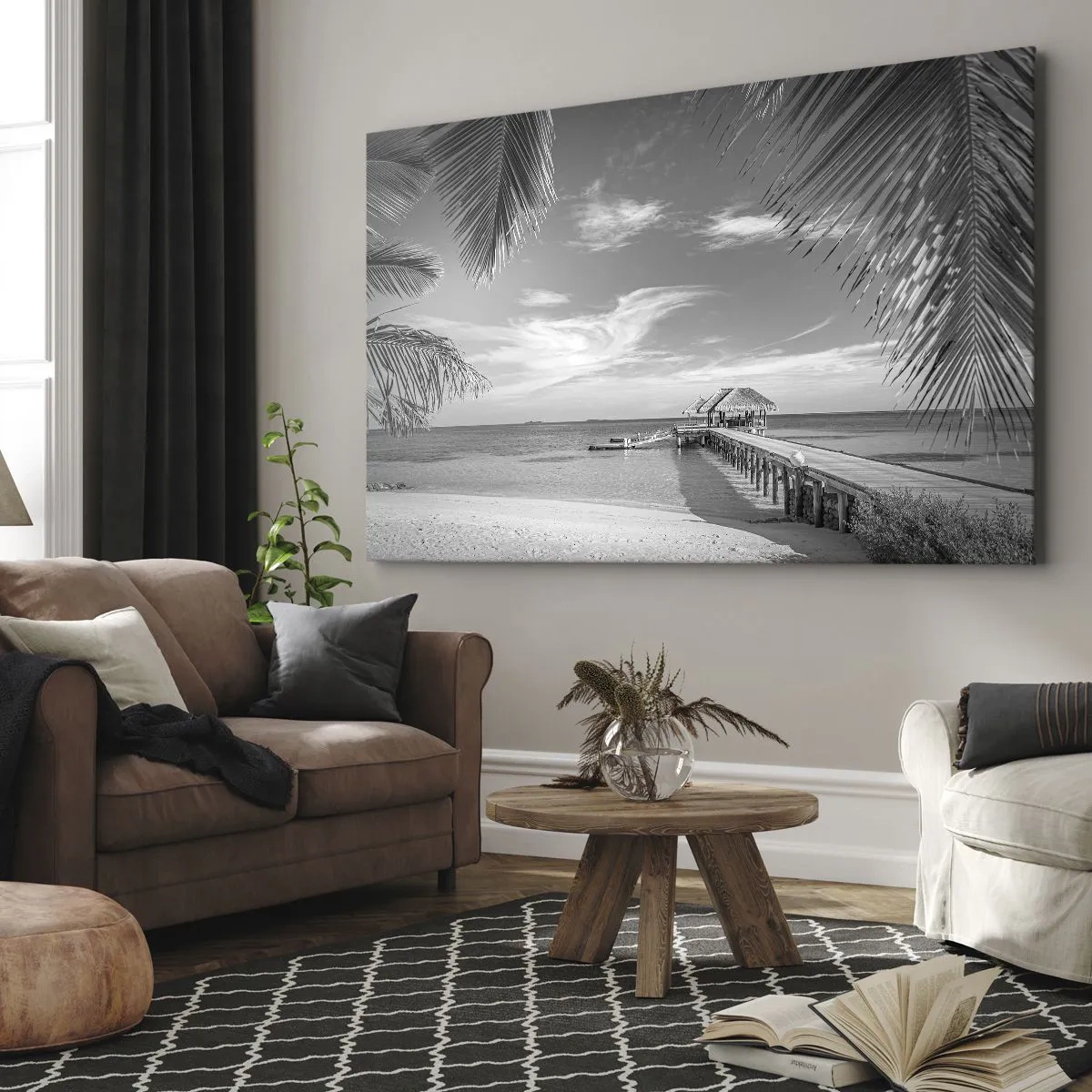 Cuadro sobre lienzo - Impresión de Imagen - Playa blanca y negra con muelle y palmeras en una costa tropical - 70x50cm - ¿Un recuerdo o un sueño? - Decoración de pared moderna para salón y dormitorio ARTTOR