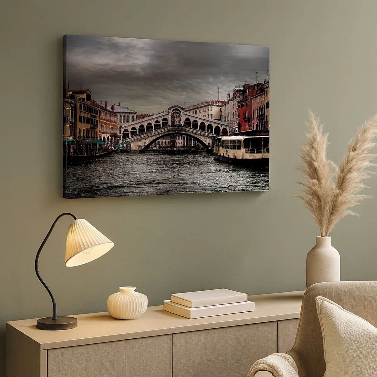 Cuadro sobre lienzo - Impresión de Imagen - Puente de Rialto en Venecia sobre el Gran Canal, arquitectura clásica. - 70x50cm - Promesa de una velada veneciana - Decoración de pared moderna para salón y dormitorio ARTTOR