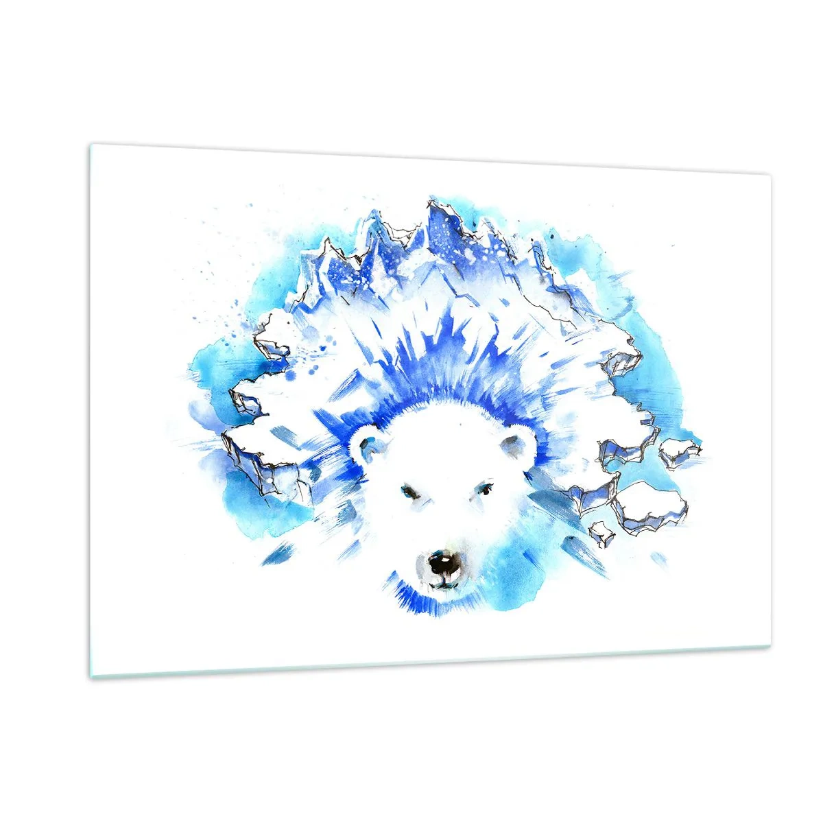 Cuadro sobre vidrio - Impresiones sobre Vidrio - Un oso polar con un telón de fondo de montañas heladas en tonos azules. - 120x80cm - El rey del Ártico con una corona de hielo - Decoración de pared moderna para salón y dormitorio ARTTOR