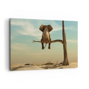 Cuadro sobre lienzo - Impresión de Imagen - Un elefante sentado en una rama con vistas a un paisaje desértico. - 120x80cm - Un nuevo punto de vista - Decoración de pared moderna para salón y dormitorio ARTTOR