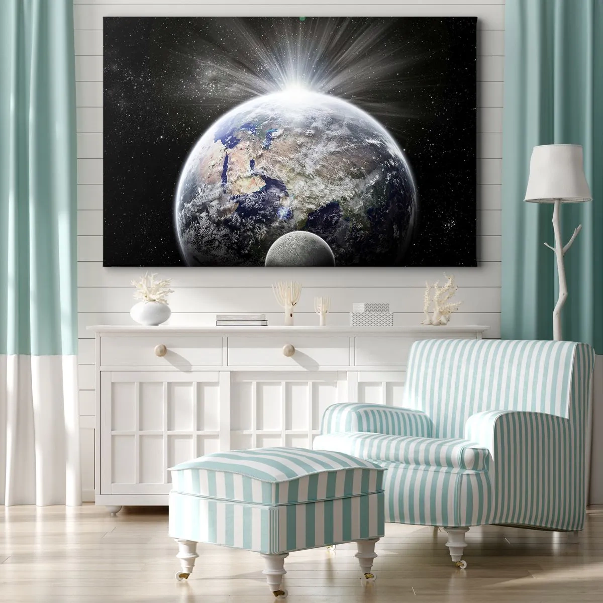 Cuadro sobre lienzo - Impresión de Imagen - La Tierra y la Luna iluminadas por el resplandor del espacio. - 70x50cm - En todo su esplendor - Decoración de pared moderna para salón y dormitorio ARTTOR