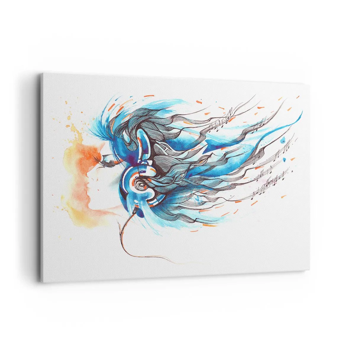 Cuadro sobre lienzo - Impresión de Imagen - Gráfico artístico de una mujer con auriculares con acentos musicales. - 100x70cm - Que suene la música - Decoración de pared moderna para salón y dormitorio ARTTOR