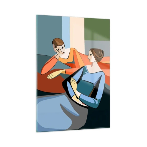 Cuadro sobre vidrio - Impresiones sobre Vidrio - Una escena geométrica de una conversación entre dos mujeres con el telón de fondo de un interior. - 50x70cm - Un momento de confidencias - Decoración de pared moderna para salón y dormitorio ARTTOR
