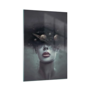 Cuadro sobre vidrio - Impresiones sobre Vidrio - Un rostro de mujer con un motivo de planeta y espacio en el fondo. - 80x120cm - Y los planetas sienten... - Decoración de pared moderna para salón y dormitorio ARTTOR