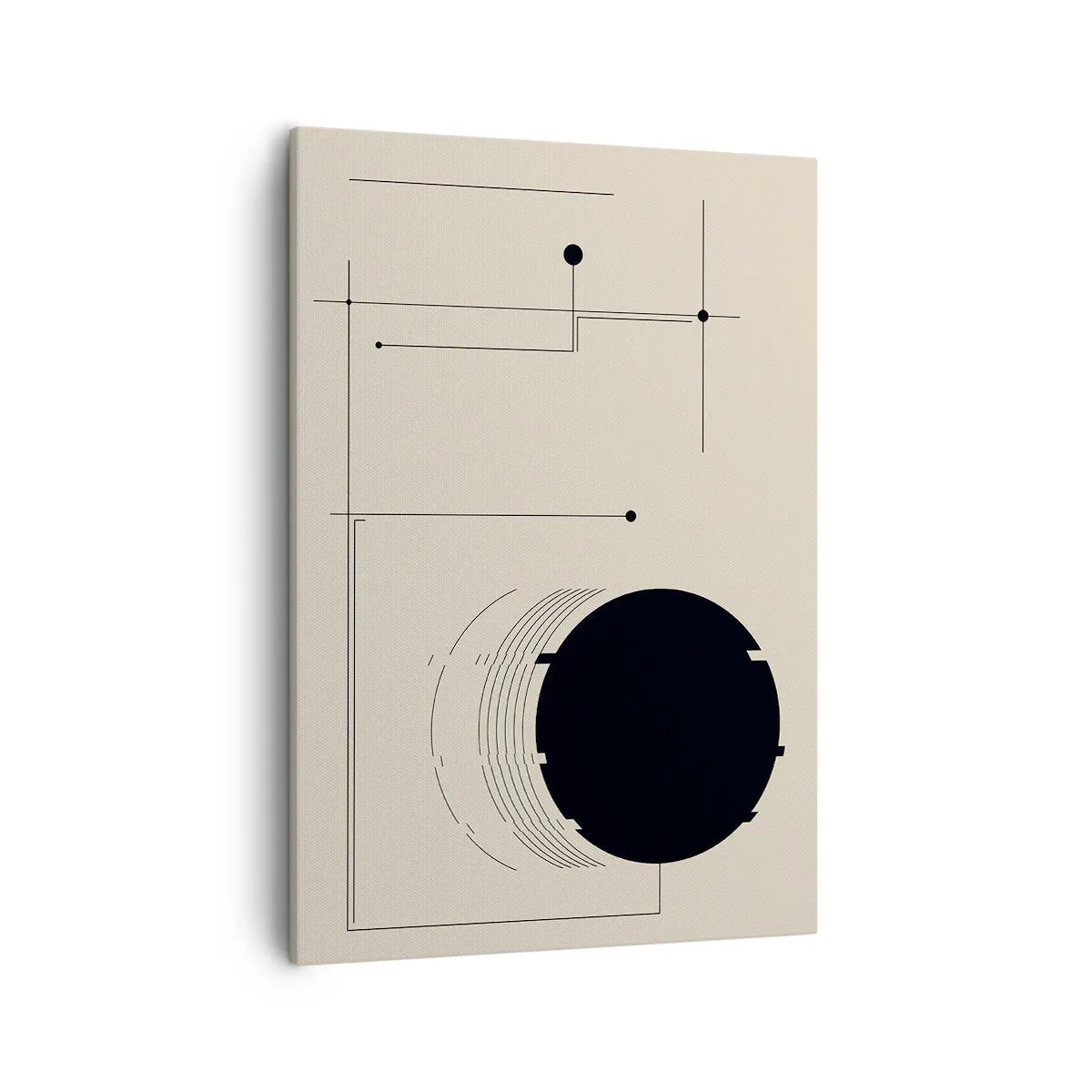 Cuadro sobre lienzo - Impresión de Imagen - Líneas geométricas negras y un círculo sobre un fondo beige. - 50x70cm - Composición elástica y dinámica - Decoración de pared moderna para salón y dormitorio ARTTOR