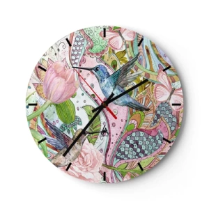 Reloj de pared - Reloj de vidrio - Colibríes coloridos y flores sobre un fondo de patrones artísticos. - 30x30cm - Enredado en las vides - Decoración de pared moderna para salón, cocina y dormitorio ARTTOR