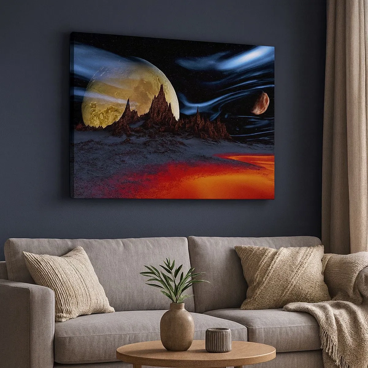 Cuadro sobre lienzo - Impresión de Imagen - Un paisaje fantástico con planetas y paisajes volcánicos. - 70x50cm - Mundo desconocido - Decoración de pared moderna para salón y dormitorio ARTTOR