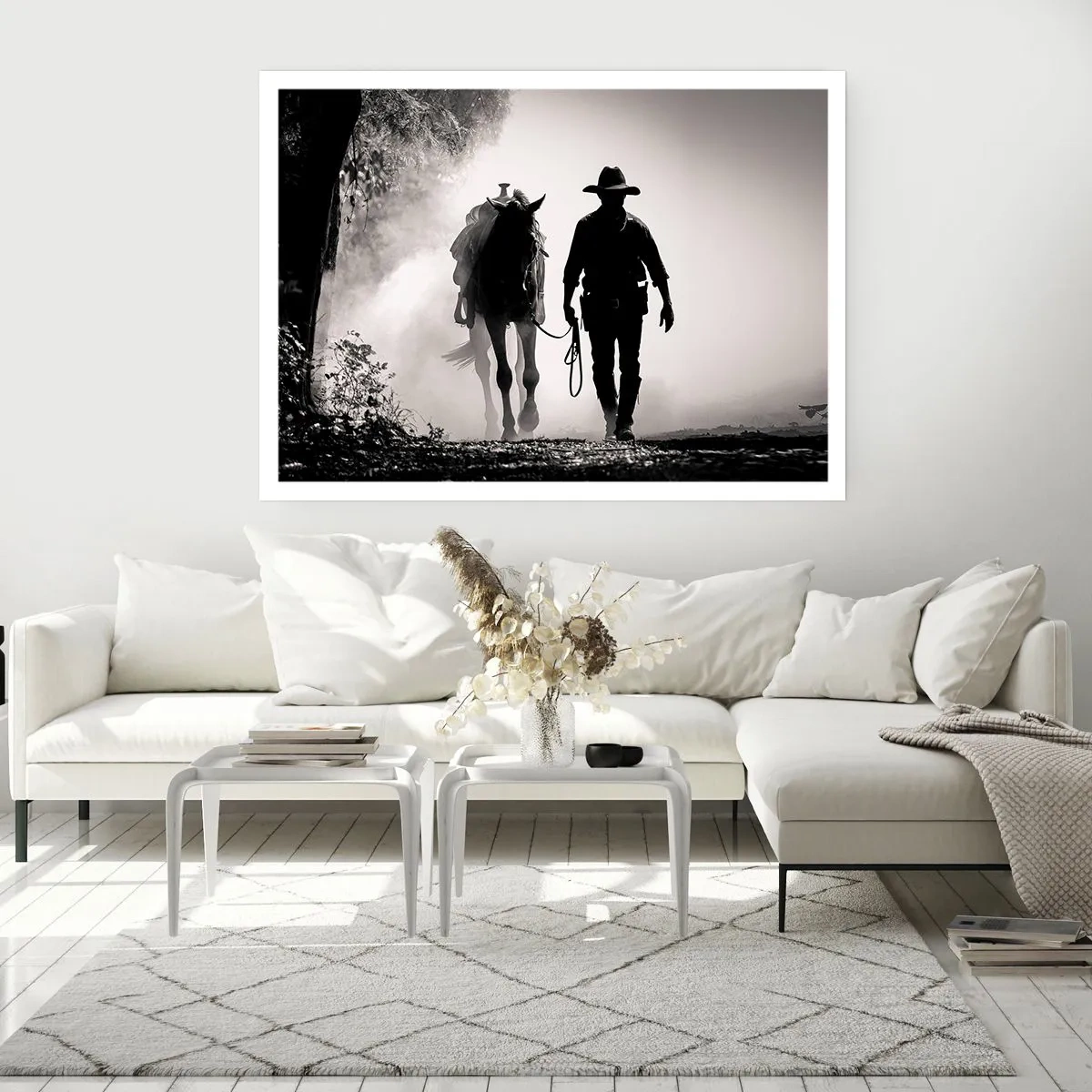 Póster - Vaquero con caballo en la niebla de la mañana - 100x70cm - La mañana de Texas - Decoración de pared moderna para salón y dormitorio ARTTOR