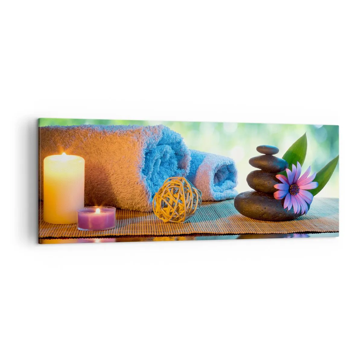 Cuadro sobre lienzo - Impresión de Imagen - Set de SPA relajante con toallas, velas y piedras - 140x50cm - Tiempo para el cuerpo - Decoración de pared moderna para salón y dormitorio ARTTOR
