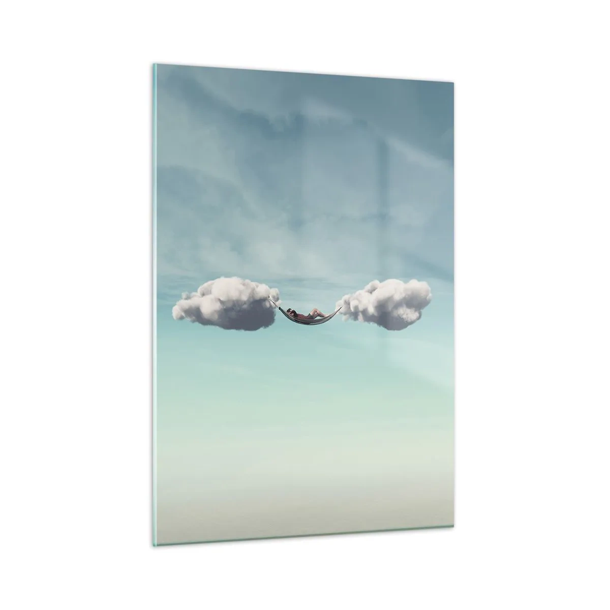 Cuadro sobre vidrio - Impresiones sobre Vidrio - Hamacas de nubes en un cielo azul - 50x70cm - La felicidad del momento - Decoración de pared moderna para salón y dormitorio ARTTOR