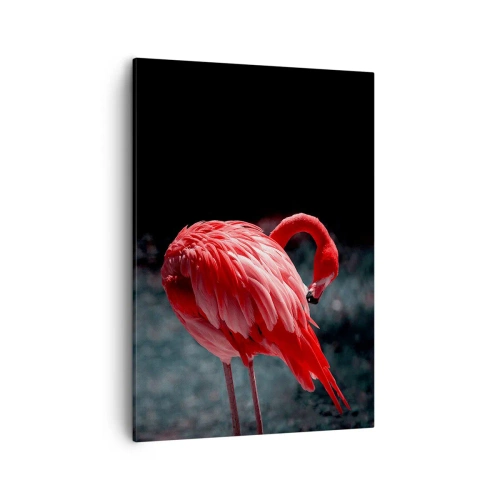 Cuadro sobre lienzo - Impresión de Imagen - Un flamenco rosa sobre un fondo verde oscuro. - 50x70cm - Un poema carmesí de la naturaleza - Decoración de pared moderna para salón y dormitorio ARTTOR