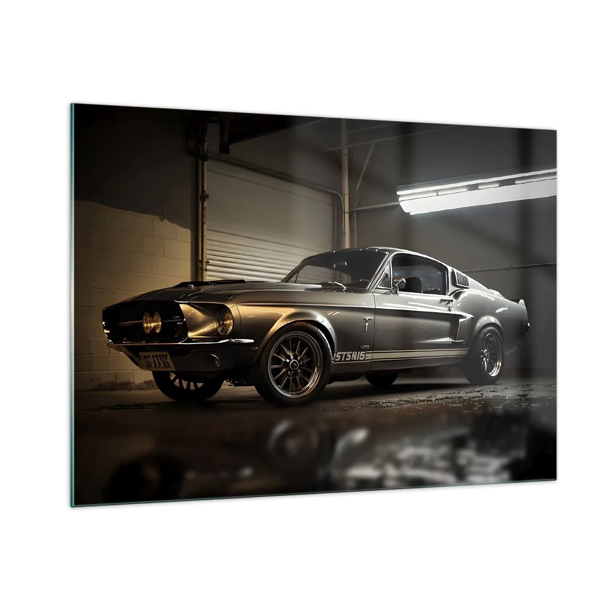 Cuadro sobre vidrio - Impresiones sobre Vidrio - Coche clásico en garaje bajo iluminación industrial. - 100x70cm - Un retorno al pasado - Decoración de pared moderna para salón y dormitorio ARTTOR