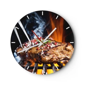 Reloj de pared - Reloj de vidrio - Jugoso bistec a la parrilla con fuego de fondo - 30x30cm - Jugoso y fragante - Decoración de pared moderna para salón, cocina y dormitorio ARTTOR