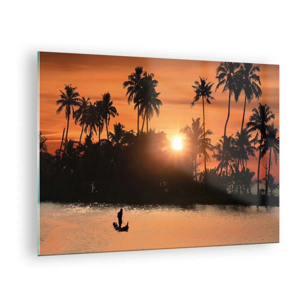Cuadro sobre vidrio - Impresiones sobre Vidrio - Paisaje tropical con palmeras y puesta de sol sobre el río. - 70x50cm - Tiempo de descanso - Decoración de pared moderna para salón y dormitorio ARTTOR