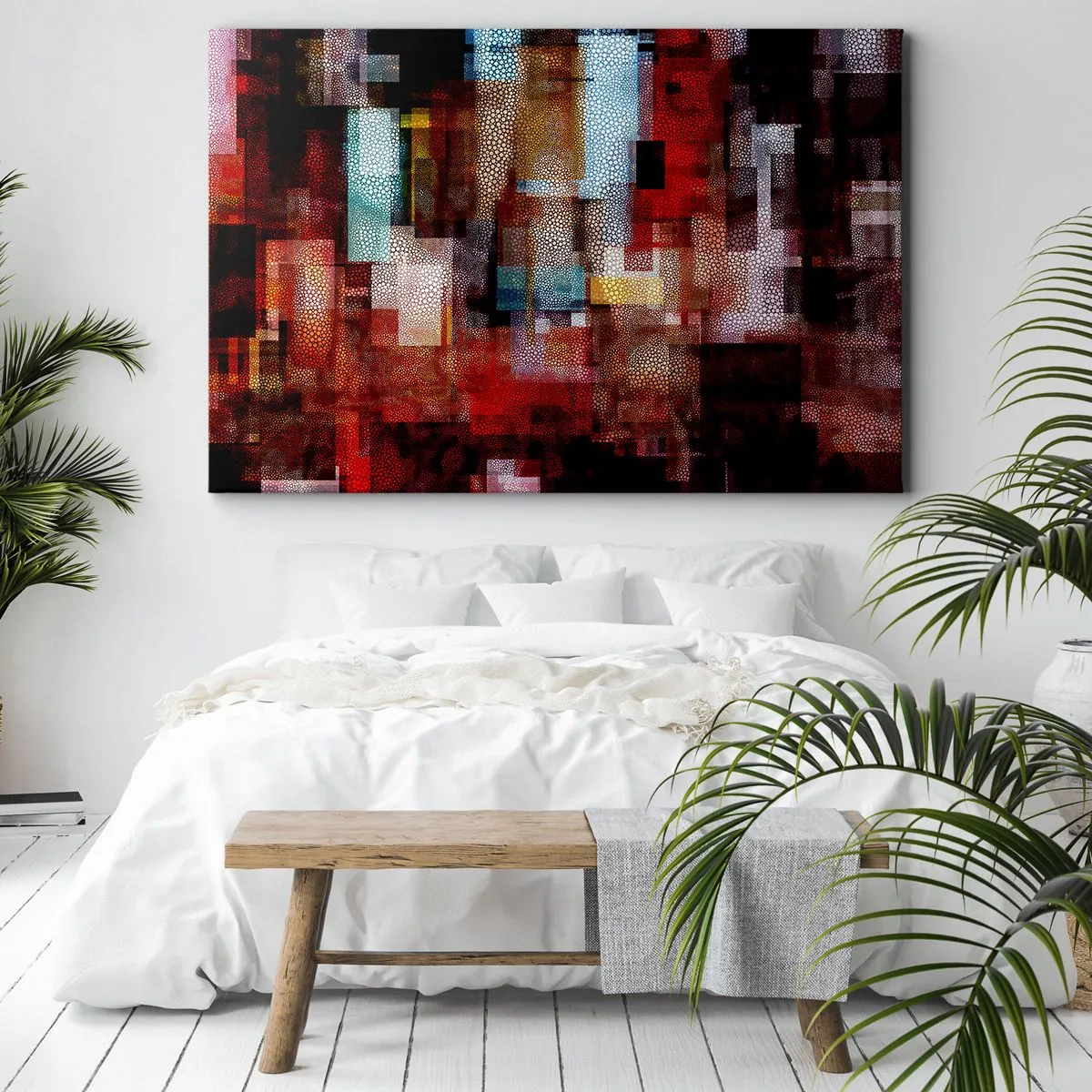 Cuadro sobre lienzo - Impresión de Imagen - Abstracción geométrica en intensos tonos rojos. - 70x50cm - Confusión y desconcierto - Decoración de pared moderna para salón y dormitorio ARTTOR