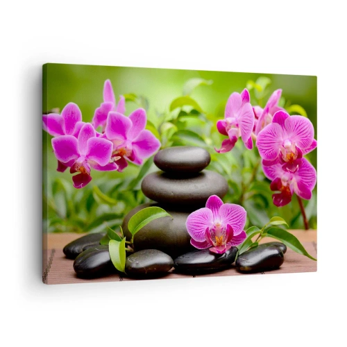 Cuadro sobre lienzo - Impresión de Imagen - Orquídeas rosas con piedras sobre un fondo verde. - 70x50cm - Una pirámide de paz - Decoración de pared moderna para salón y dormitorio ARTTOR
