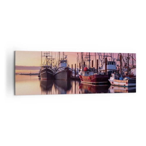 Cuadro sobre lienzo - Impresión de Imagen - Barcos de pesca en el puerto al atardecer - 160x50cm - Descanso antes de partir - Decoración de pared moderna para salón y dormitorio ARTTOR