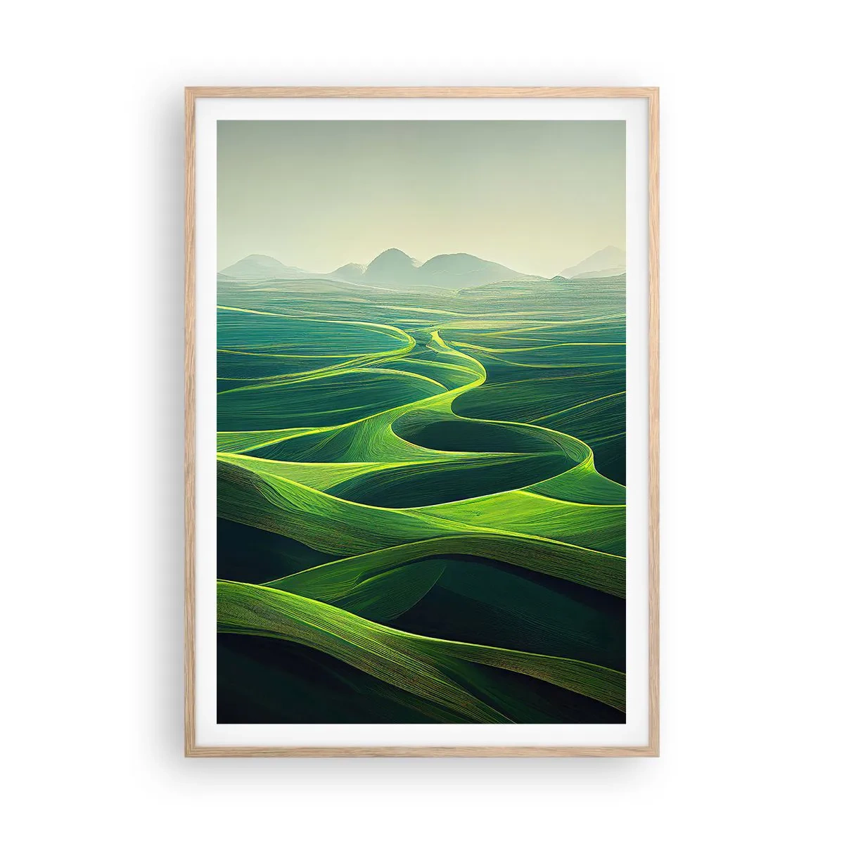 Póster en marco roble claro - Valles en tonos verdes - 70x100 cm