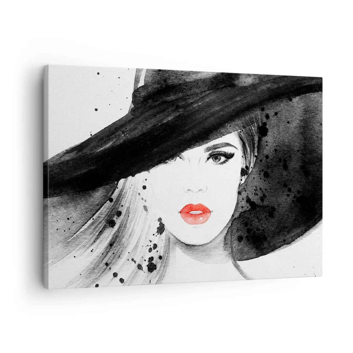 Cuadro sobre lienzo - Impresión de Imagen - Retrato de una mujer con sombrero y labios rojos. - 70x50cm - Dama de negro - Decoración de pared moderna para salón y dormitorio ARTTOR
