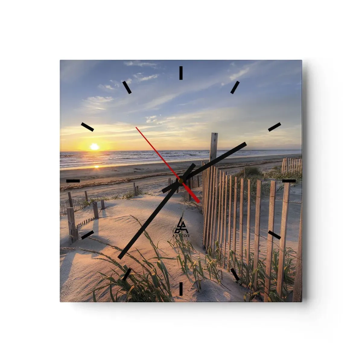 Reloj de pared - Reloj de vidrio - Playa al atardecer con valla de madera - 30x30cm - El resplandor y la sombra del viento - Decoración de pared moderna para salón y dormitorio ARTTOR
