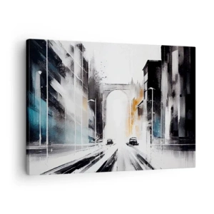 Cuadro sobre lienzo - Impresión de Imagen - Panorama abstracto de la ciudad con un puente arqueado - 70x50cm - Estudio de la ciudad: arquitectura y movimiento - Decoración de pared moderna para salón y dormitorio ARTTOR