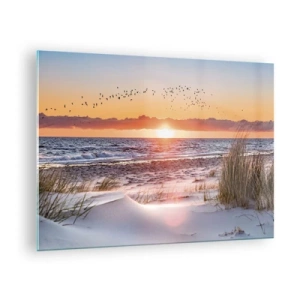 Cuadro sobre vidrio - Impresiones sobre Vidrio - Puesta de sol sobre el mar con pájaros y dunas de arena. - 70x50cm - Paisaje horizontal - Decoración de pared moderna para salón y dormitorio ARTTOR
