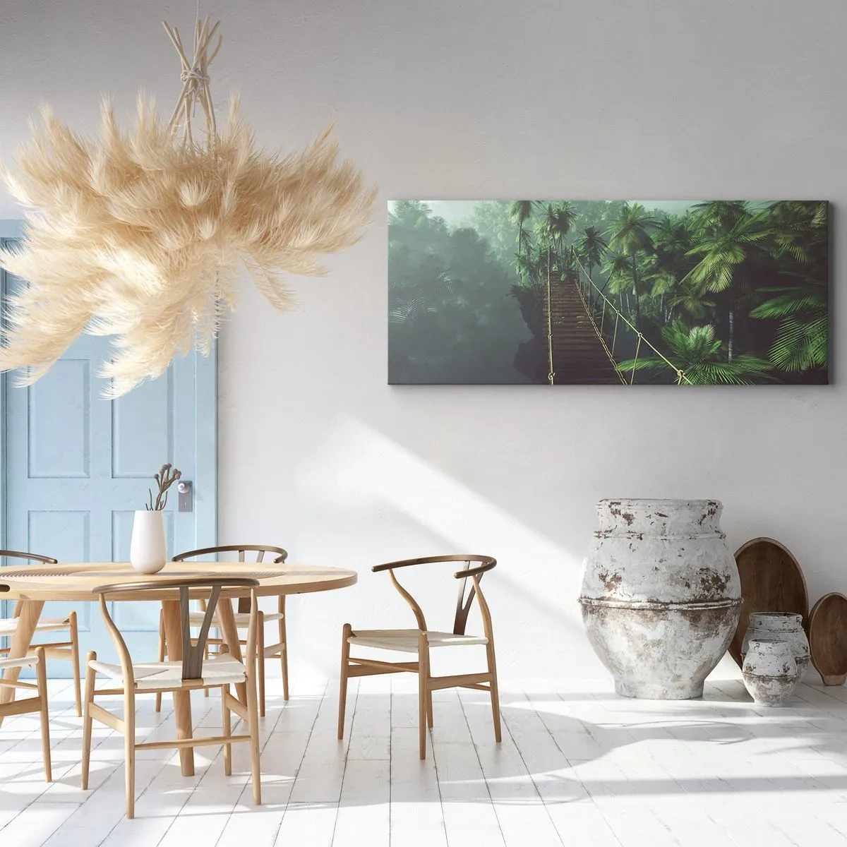 Cuadro sobre lienzo - Impresión de Imagen - Un puente colgante en un bosque tropical rodeado de niebla. - 160x50cm - Sobre un mar de verde - Decoración de pared moderna para salón y dormitorio ARTTOR