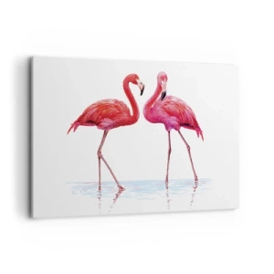 Cuadro sobre lienzo - Impresión de Imagen - Una pareja de flamencos en el agua contra un fondo claro. - 100x70cm - Cita rosada - Decoración de pared moderna para salón y dormitorio ARTTOR