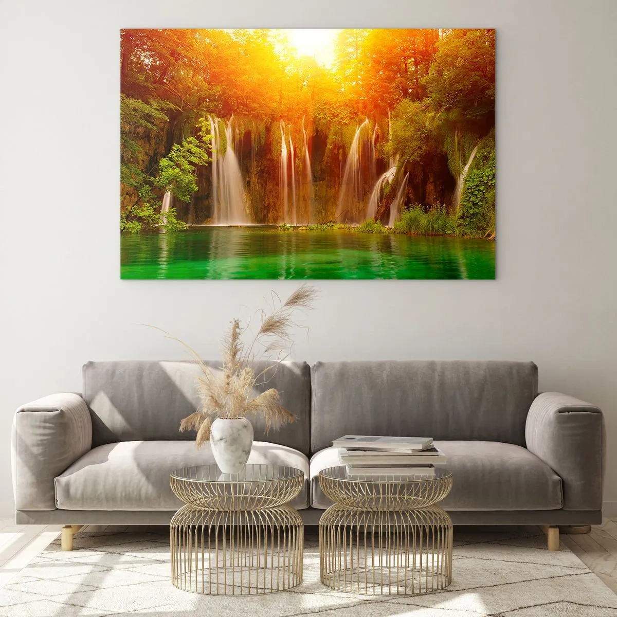 Cuadro sobre vidrio - Impresiones sobre Vidrio - Cascadas en un bosque soleado con agua turquesa. - 100x70cm - Sol y sombra - Decoración de pared moderna para salón y dormitorio ARTTOR