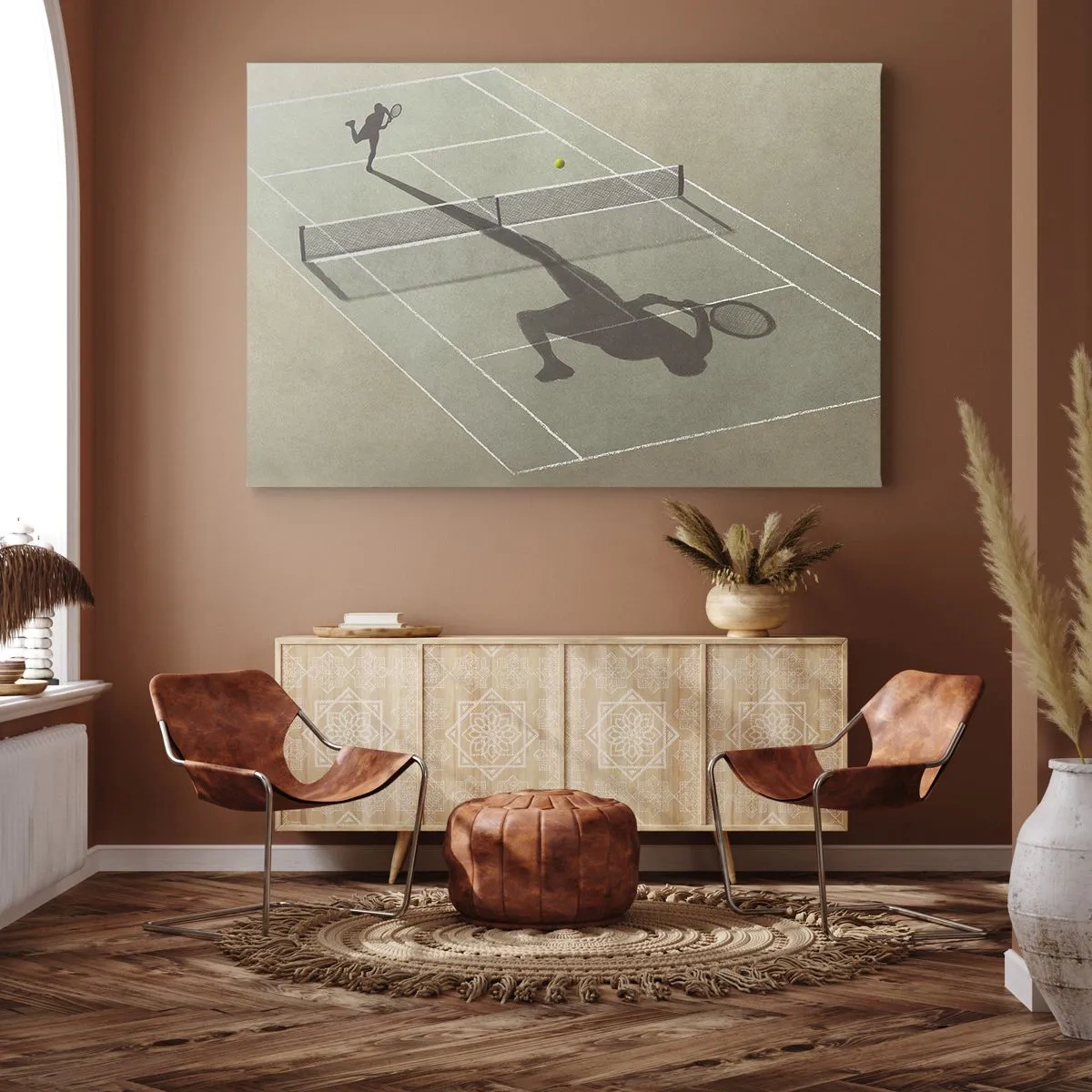 Cuadro sobre lienzo - Impresión de Imagen - La sombra de un tenista en la cancha durante un partido de tenis. - 70x50cm - Véncete a ti mismo - Decoración de pared moderna para salón y dormitorio ARTTOR