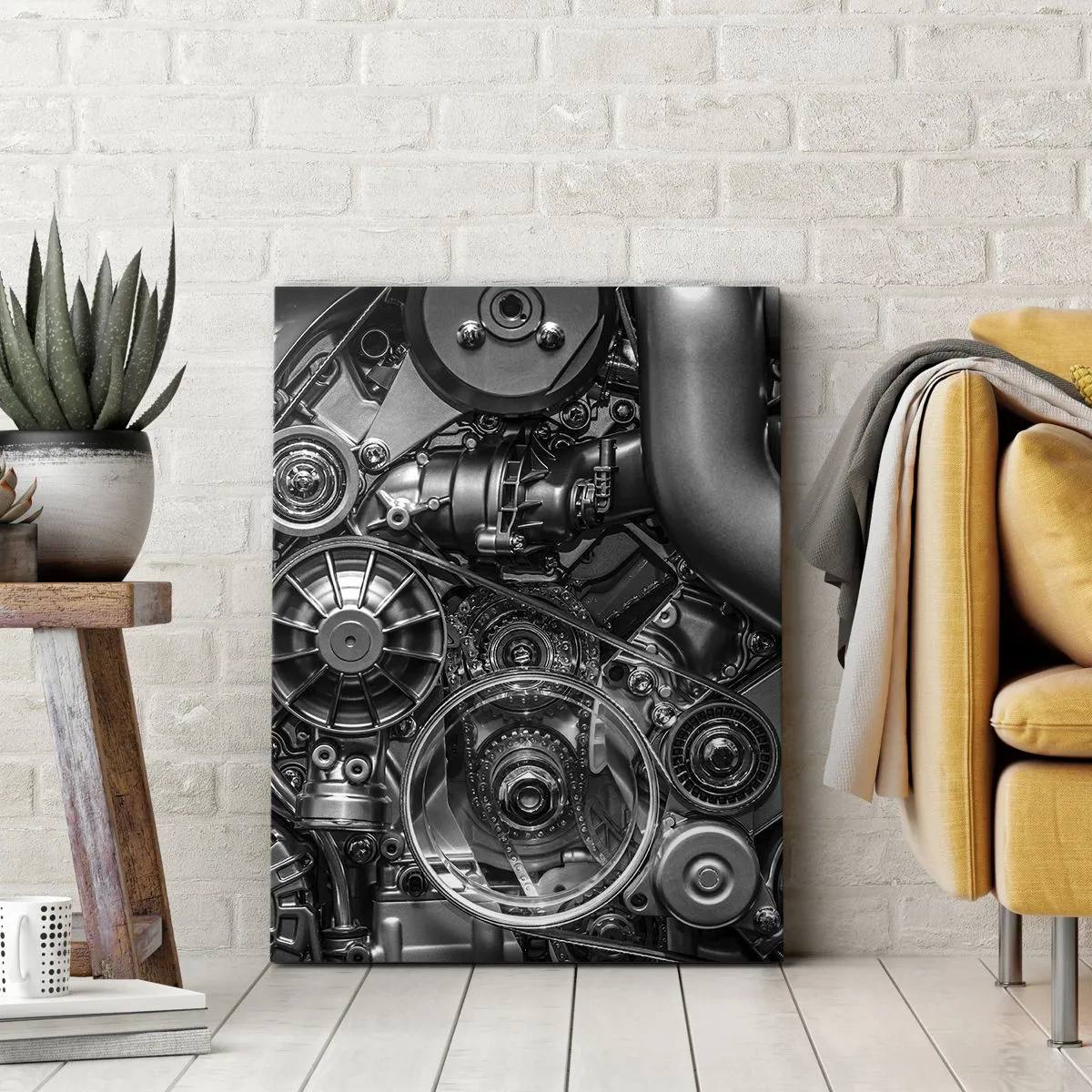 Cuadro sobre lienzo - Impresión de Imagen - Primer plano en blanco y negro de los detalles mecánicos de un motor de automóvil. - 50x70cm - La poesía de la mecánica - Decoración de pared moderna para salón y dormitorio ARTTOR