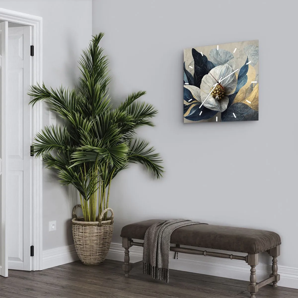 Reloj de pared - Reloj de vidrio - Una flor con hojas azules sobre un fondo elegante. - 30x30cm - Con un corazón de oro - Decoración de pared moderna para salón y dormitorio ARTTOR