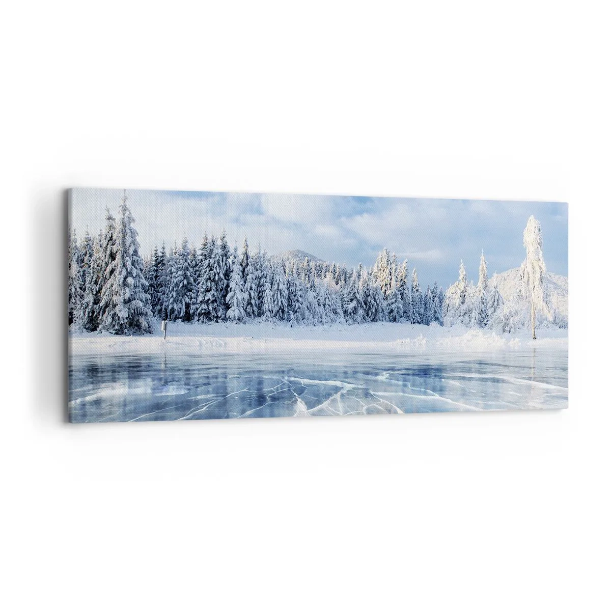 Cuadro sobre lienzo - Impresión de Imagen - Un lago congelado rodeado de un bosque cubierto de nieve. - 120x50cm - Vista deslumbrante y cristalina - Decoración de pared moderna para salón y dormitorio ARTTOR
