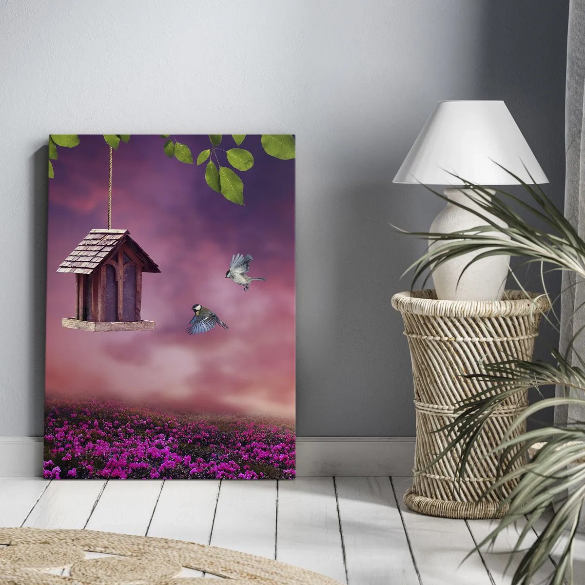 Cuadro sobre lienzo - Impresión de Imagen - Un paisaje pintoresco con una casa para pájaros y una puesta de sol. - 70x100cm - Invitación a una cena - Decoración de pared moderna para salón y dormitorio ARTTOR