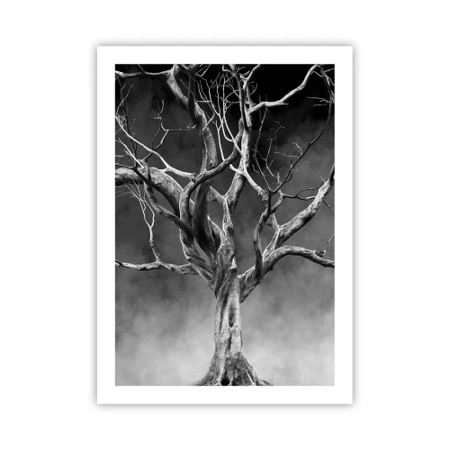 Póster - Imagen en blanco y negro de un árbol sobre un fondo de niebla. - 50x70cm - Primordial y sagrado - Decoración de pared moderna para salón y dormitorio ARTTOR