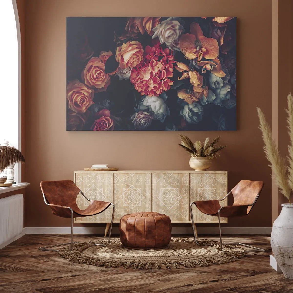 Cuadro sobre lienzo - Impresión de Imagen - Un ramo de varias flores en tonos oscuros. - 120x80cm - Como los maestros holandeses - Decoración de pared moderna para salón y dormitorio ARTTOR