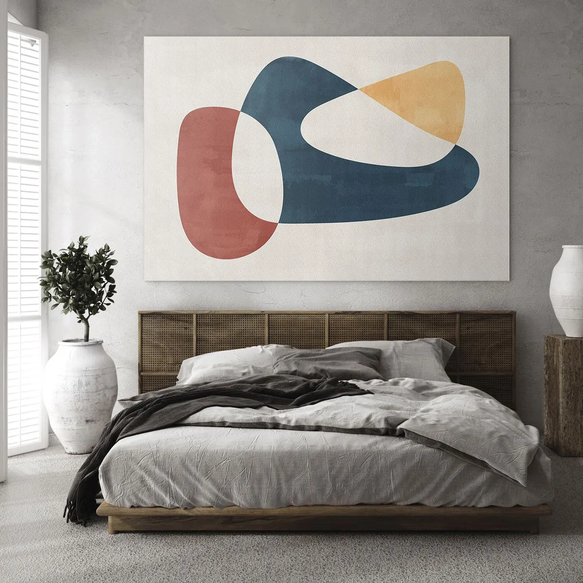 Cuadro sobre vidrio - Impresiones sobre Vidrio - Abstracción minimalista en tonos rojo y azul marino. - 120x80cm - Influencias y metamorfosis - Decoración de pared moderna para salón y dormitorio ARTTOR