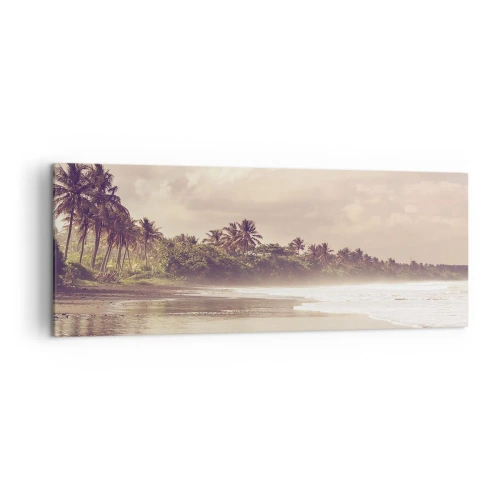 Cuadro sobre lienzo - Impresión de Imagen - Una playa con palmeras y olas suaves por la mañana. - 140x50cm - La caricia de las olas - Decoración de pared moderna para salón y dormitorio ARTTOR